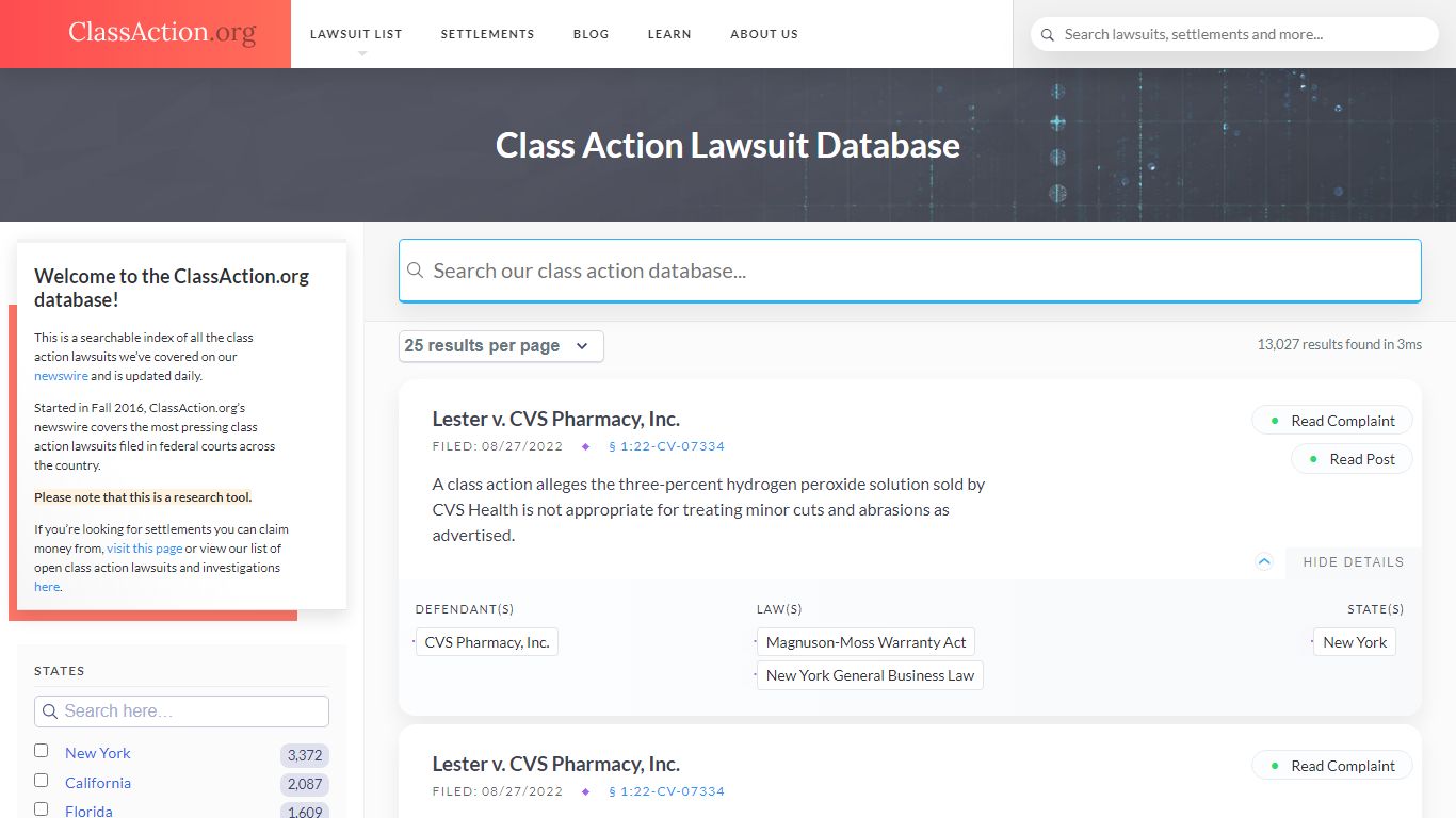 Class Action Lawsuit Database | Free Research Tool | ClassAction.org